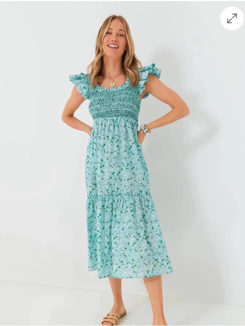 Tuckernuck Aqua and Green Floral Smocked Midi Dress